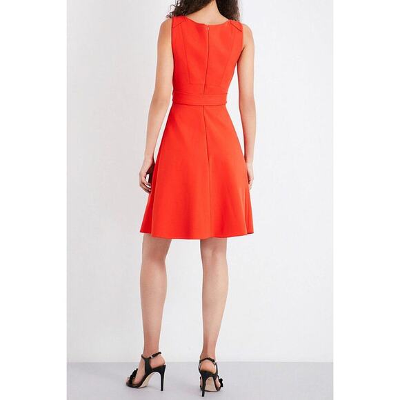 Karen Millen Pleated Belted A-line Crepe Dress Coral Red Size 6 Classic - Picture 3 of 9